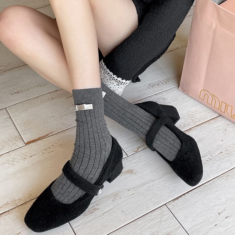 Square Toe Felt Block Heel Mary Jane Pumps