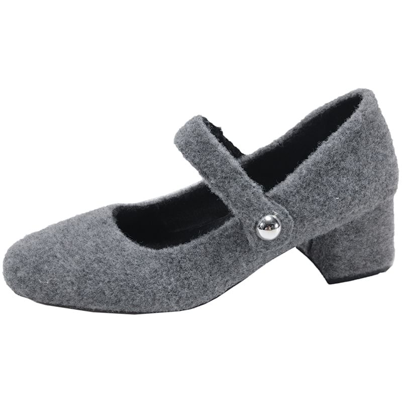 Square Toe Felt Block Heel Mary Jane Pumps