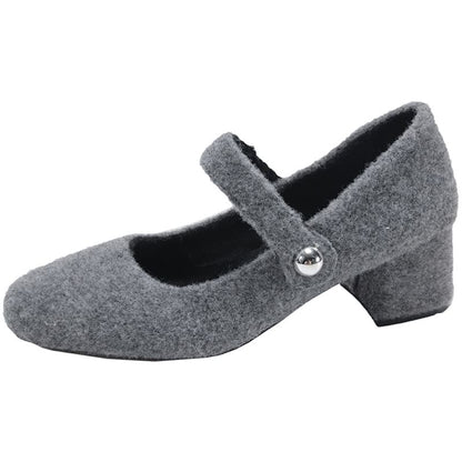 Square Toe Felt Block Heel Mary Jane Pumps