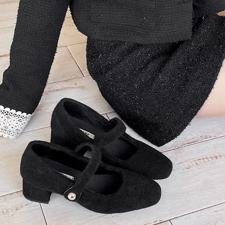 Square Toe Felt Block Heel Mary Jane Pumps