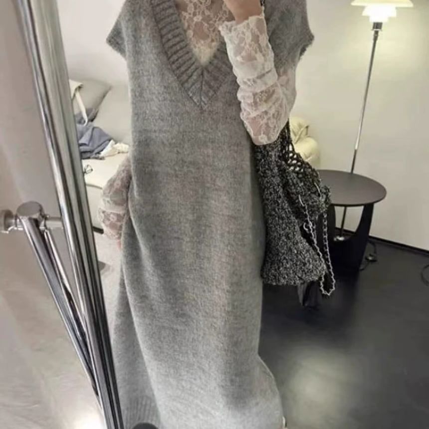 Short Sleeve V-Neck Plain Knit Maxi A-Line Pinafore Dress