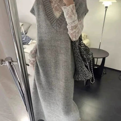 Short Sleeve V-Neck Plain Knit Maxi A-Line Pinafore Dress