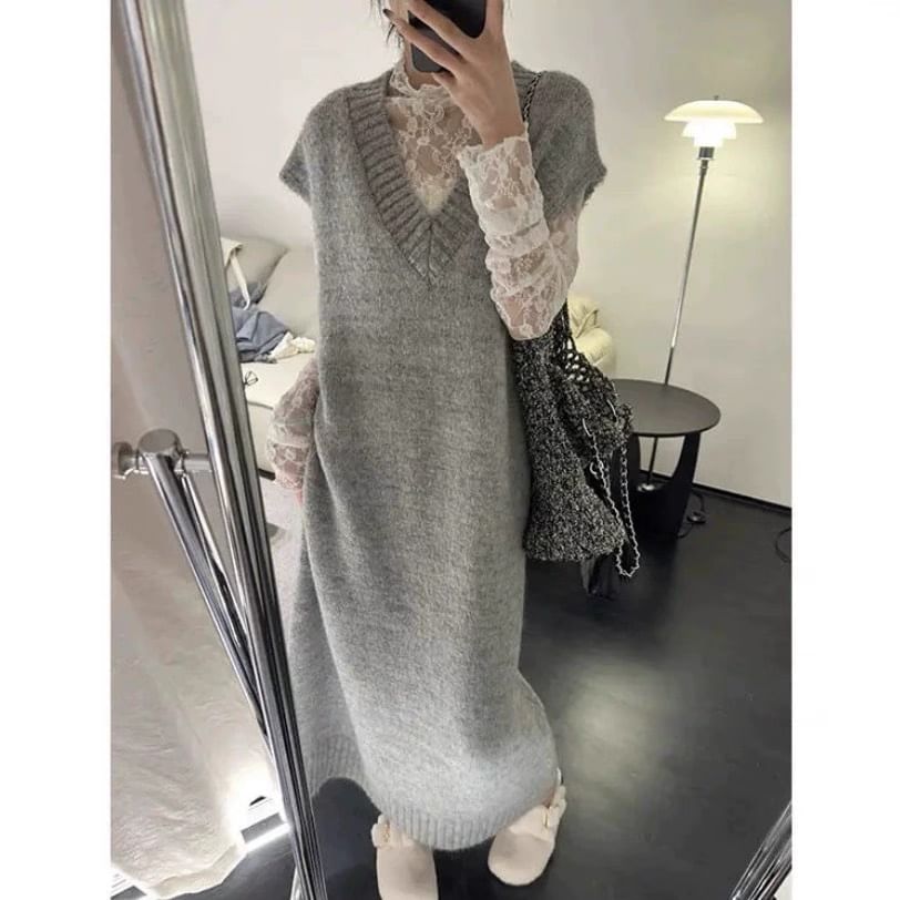 Short Sleeve V-Neck Plain Knit Maxi A-Line Pinafore Dress
