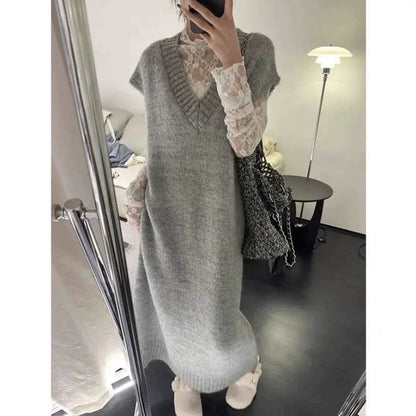 Short Sleeve V-Neck Plain Knit Maxi A-Line Pinafore Dress