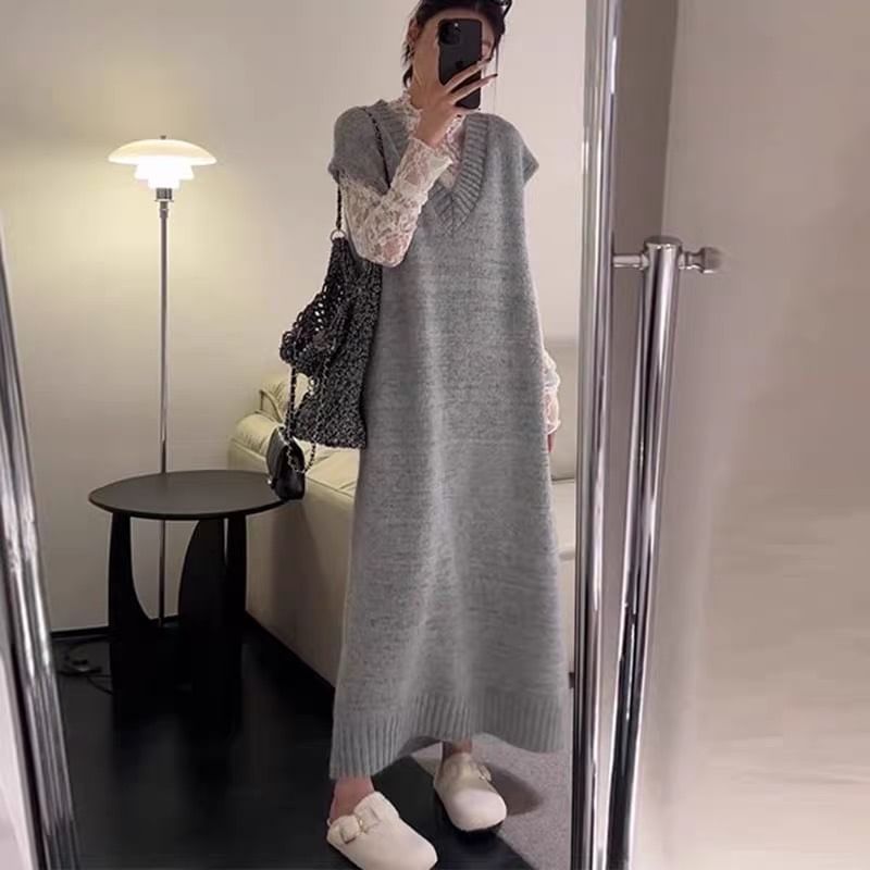 Short Sleeve V-Neck Plain Knit Maxi A-Line Pinafore Dress