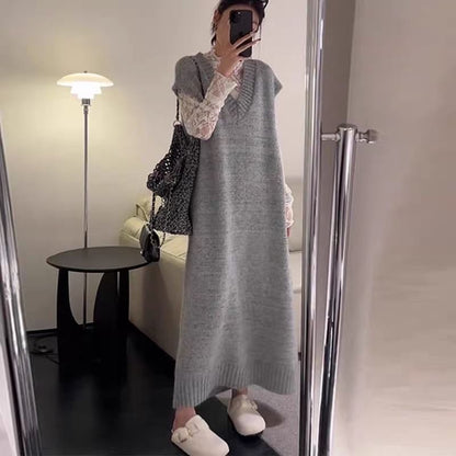 Short Sleeve V-Neck Plain Knit Maxi A-Line Pinafore Dress