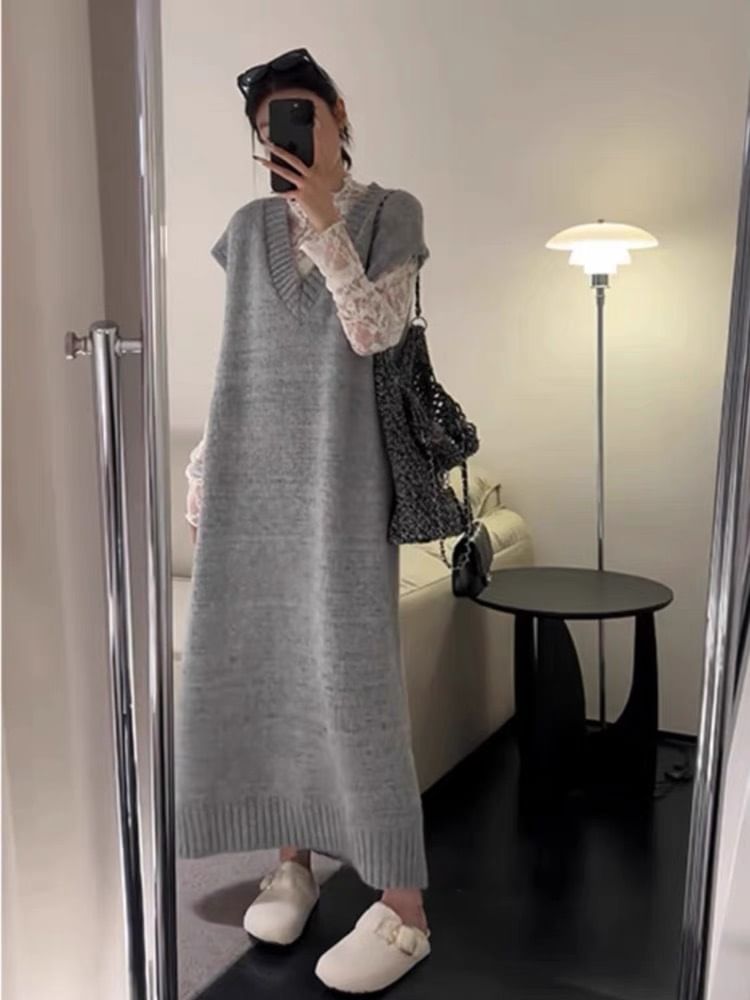 Short Sleeve V-Neck Plain Knit Maxi A-Line Pinafore Dress