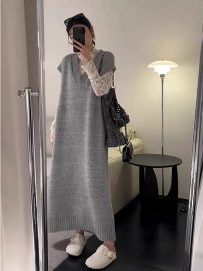 Short Sleeve V-Neck Plain Knit Maxi A-Line Pinafore Dress