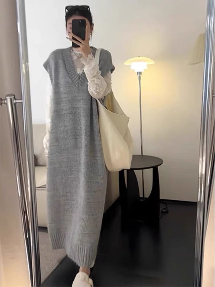 Short Sleeve V-Neck Plain Knit Maxi A-Line Pinafore Dress