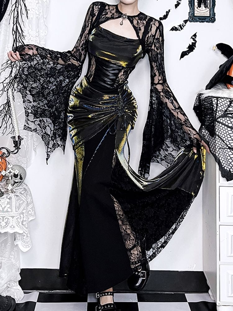 Spaghetti Strap Glitter Maxi A-Line Dress / Long-Sleeve Lace Shrug