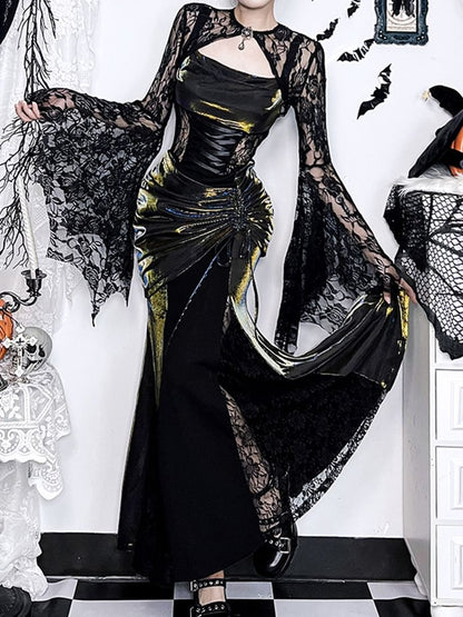 Spaghetti Strap Glitter Maxi A-Line Dress / Long-Sleeve Lace Shrug