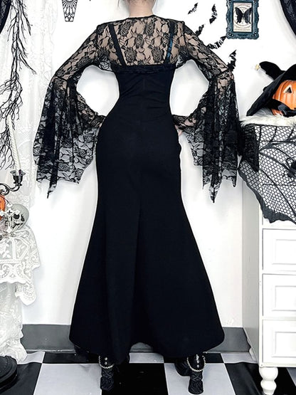 Spaghetti Strap Glitter Maxi A-Line Dress / Long-Sleeve Lace Shrug