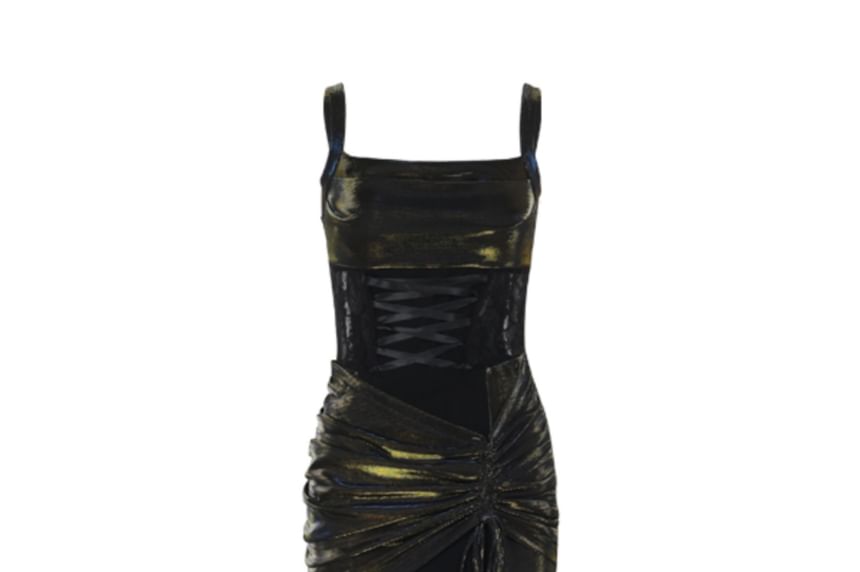 Spaghetti Strap Glitter Maxi A-Line Dress / Long-Sleeve Lace Shrug