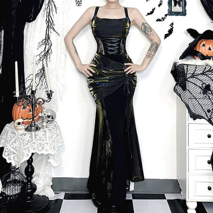 Spaghetti Strap Glitter Maxi A-Line Dress / Long-Sleeve Lace Shrug