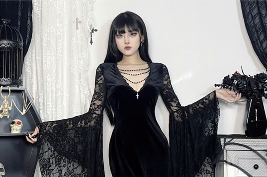 Long-Sleeve V-Neck Plain Lace Maxi Bodycon Dress