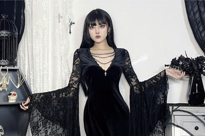 Long-Sleeve V-Neck Plain Lace Maxi Bodycon Dress