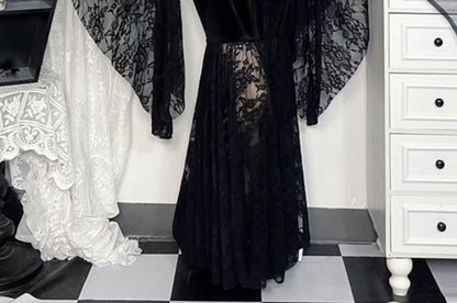 Long-Sleeve V-Neck Plain Lace Maxi Bodycon Dress