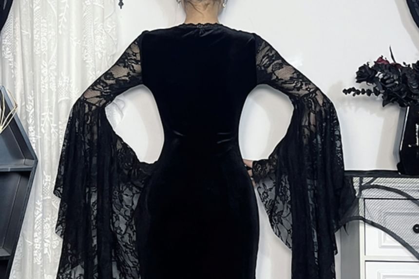 Long-Sleeve V-Neck Plain Lace Maxi Bodycon Dress