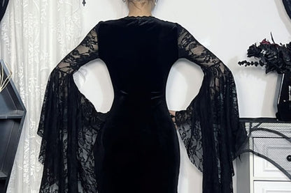 Long-Sleeve V-Neck Plain Lace Maxi Bodycon Dress