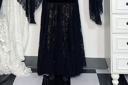 Long-Sleeve V-Neck Plain Lace Maxi Bodycon Dress
