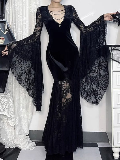 Long-Sleeve V-Neck Plain Lace Maxi Bodycon Dress