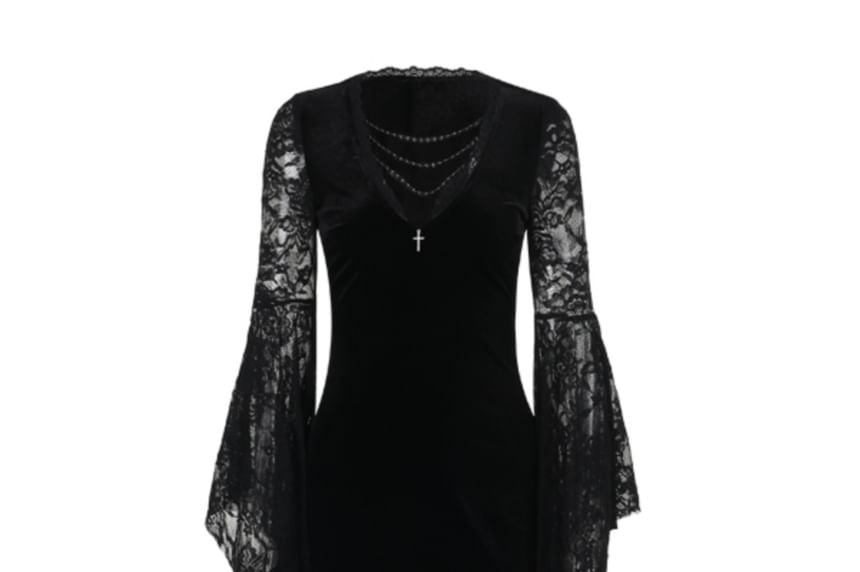 Long-Sleeve V-Neck Plain Lace Maxi Bodycon Dress