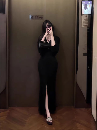 Long-Sleeve V-Neck Plain Ruched Slit Maxi Sheath Dress