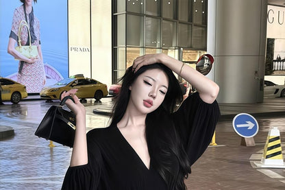 Long-Sleeve V-Neck Plain Ruched Slit Maxi Sheath Dress