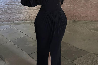 Long-Sleeve V-Neck Plain Ruched Slit Maxi Sheath Dress