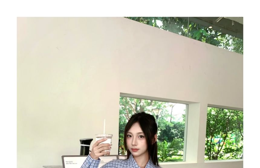 Asymmetrical Button-Up Blouse with Plaid Pattern and Collared Neck