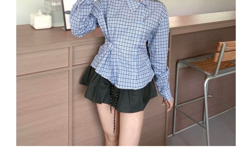 Asymmetrical Button-Up Blouse with Plaid Pattern and Collared Neck