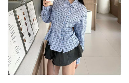 Asymmetrical Button-Up Blouse with Plaid Pattern and Collared Neck