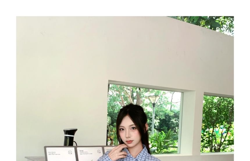 Asymmetrical Button-Up Blouse with Plaid Pattern and Collared Neck