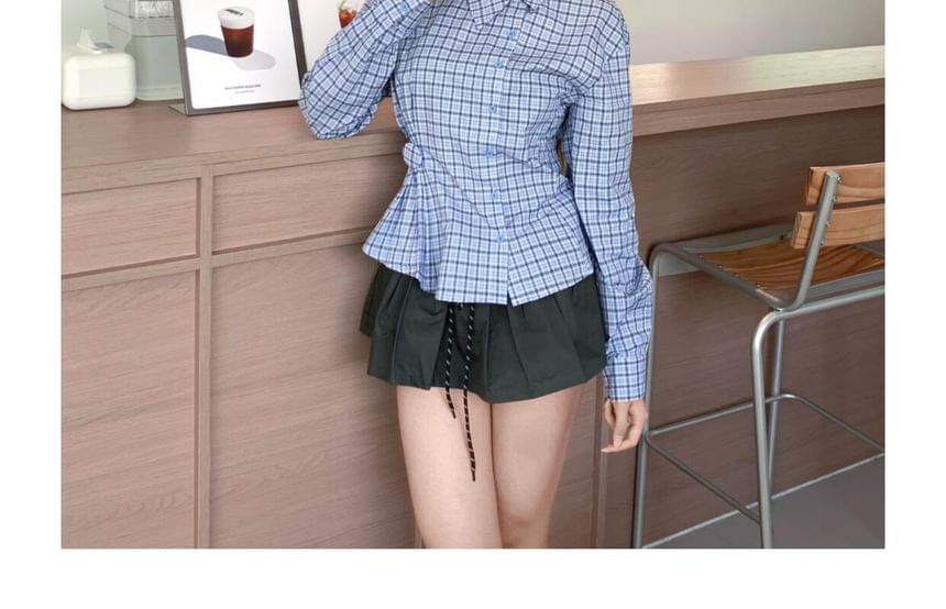 Asymmetrical Button-Up Blouse with Plaid Pattern and Collared Neck