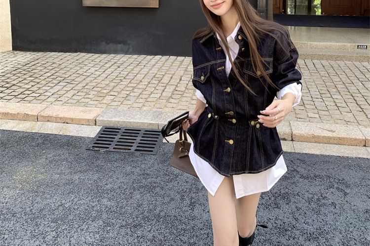 Oversized Shirt or Denim Button Jacket with Long Sleeves and Collar