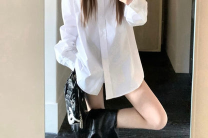 Oversized Shirt or Denim Button Jacket with Long Sleeves and Collar