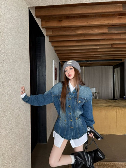 Oversized Shirt or Denim Button Jacket with Long Sleeves and Collar