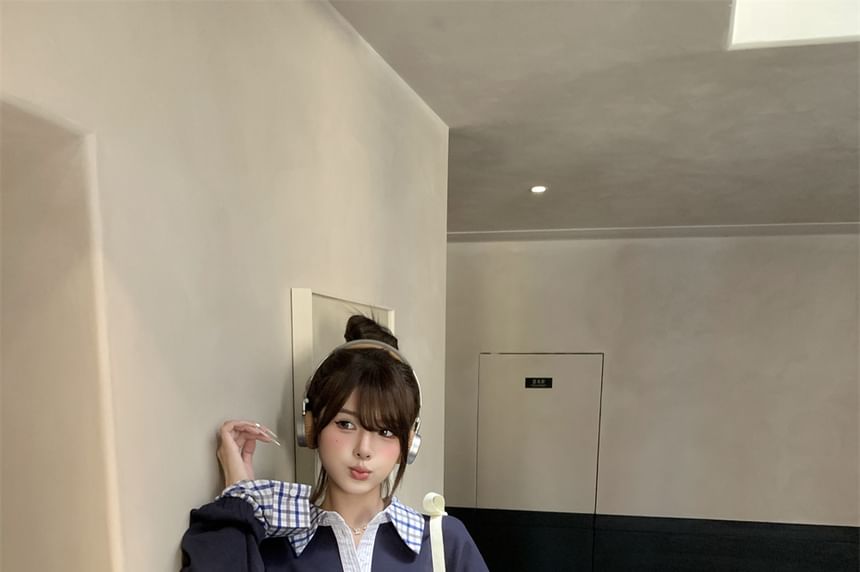 Plaid Panel Sweatshirt with Mini A-Line Skirt and Sash Set