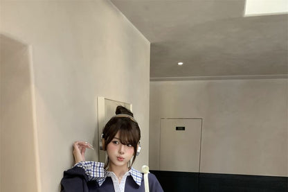 Plaid Panel Sweatshirt with Mini A-Line Skirt and Sash Set