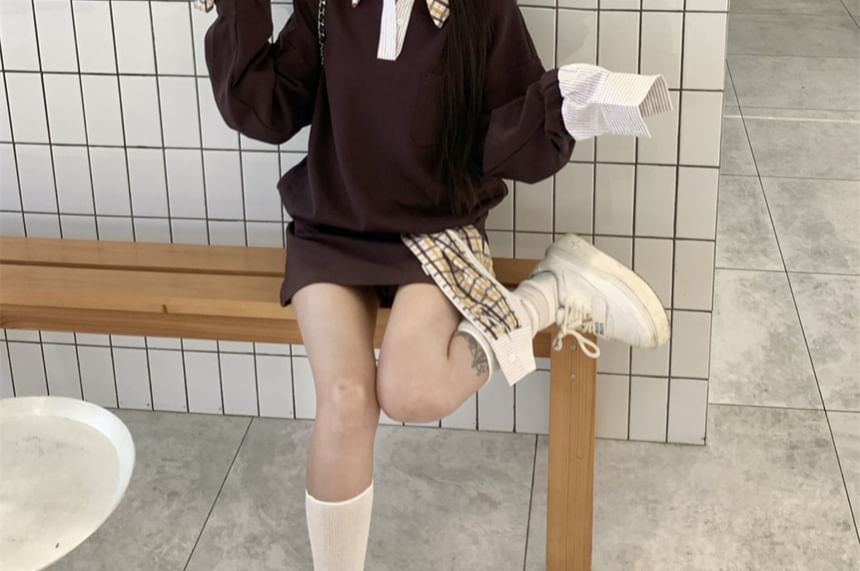 Plaid Panel Sweatshirt with Mini A-Line Skirt and Sash Set
