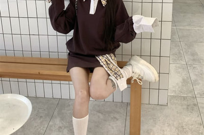 Plaid Panel Sweatshirt with Mini A-Line Skirt and Sash Set