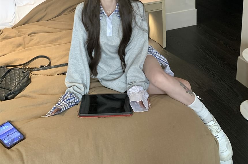 Plaid Panel Sweatshirt with Mini A-Line Skirt and Sash Set