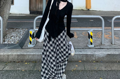 Ruffle Trim Knit Top with Plaid Midi A-Line Skirt