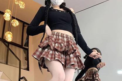 Elastic Waist Plaid Tiered Mini A-Line Skirt