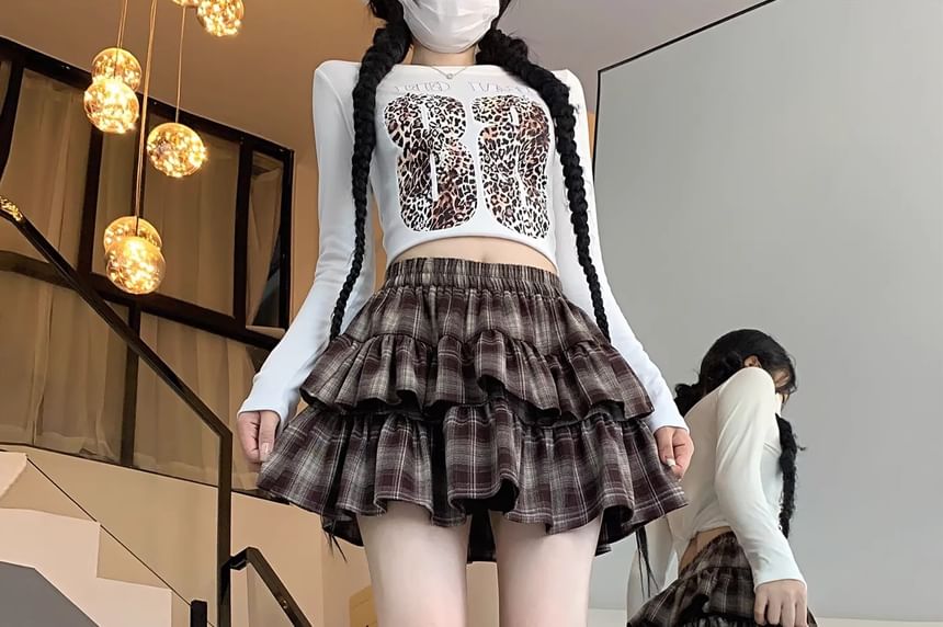 Elastic Waist Plaid Tiered Mini A-Line Skirt