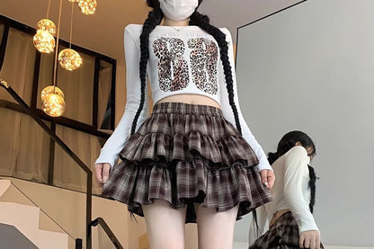 Elastic Waist Plaid Tiered Mini A-Line Skirt