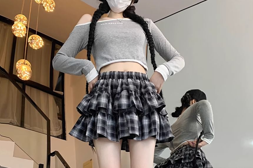 Elastic Waist Plaid Tiered Mini A-Line Skirt