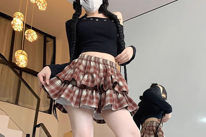 Elastic Waist Plaid Tiered Mini A-Line Skirt
