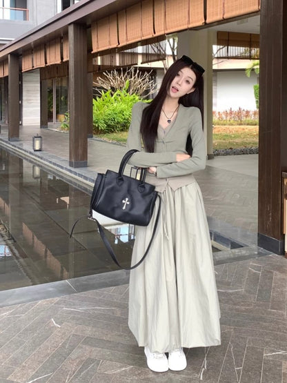 Two-Tone Button Knit Top with Drawstring Bubble Hem Midi Skirt