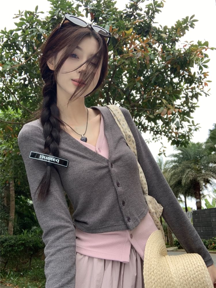 Two-Tone Button Knit Top with Drawstring Bubble Hem Midi Skirt